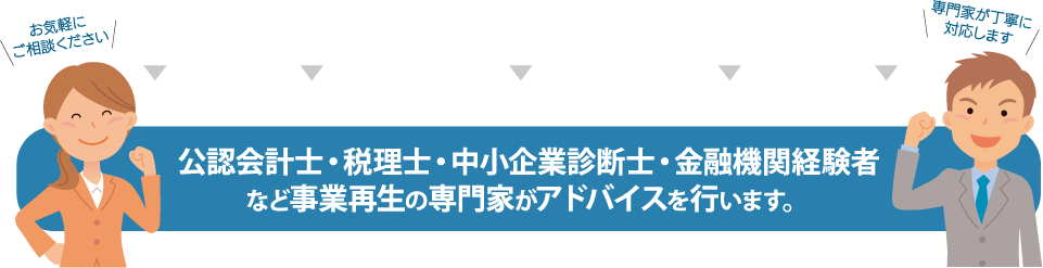 公認会計士・税理士・中小企業診断士・金融機関関係者など事業再生の専門家がアドバイスを行います。